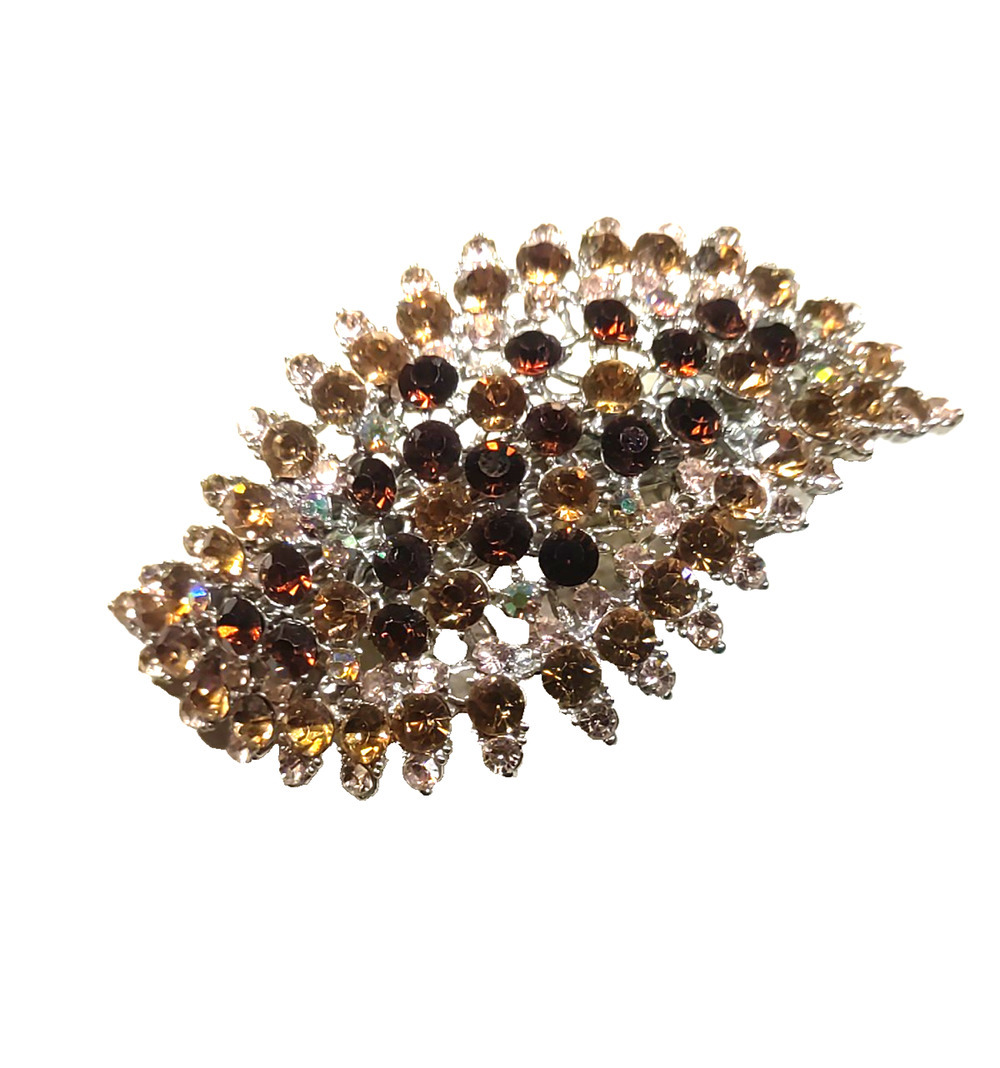 Hair Barrette Tension Clip Amber Orange Rhinestone Silver Tone Large Elegant...